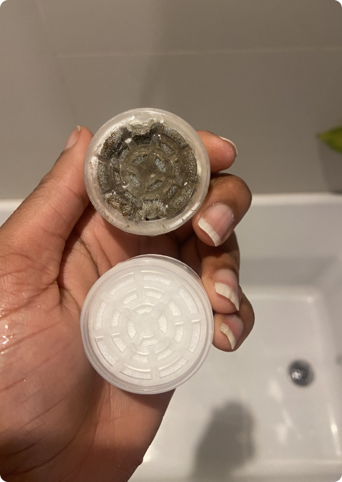 Neena filter after one month of use next to a clean filter